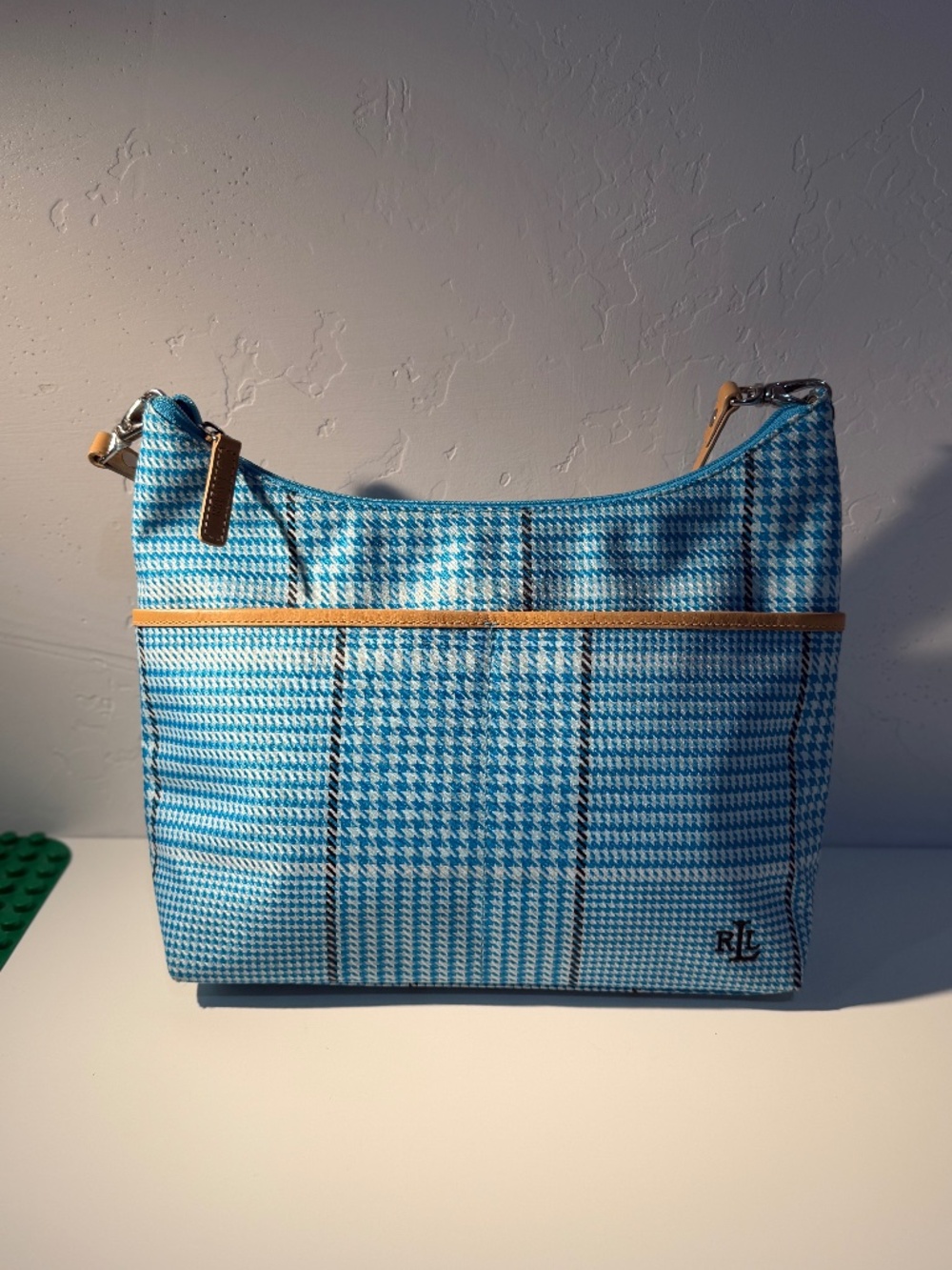 Ralph Lauren Houndstooth Shoulder Bag  Vintage Plaid Fabric Purse with Leather